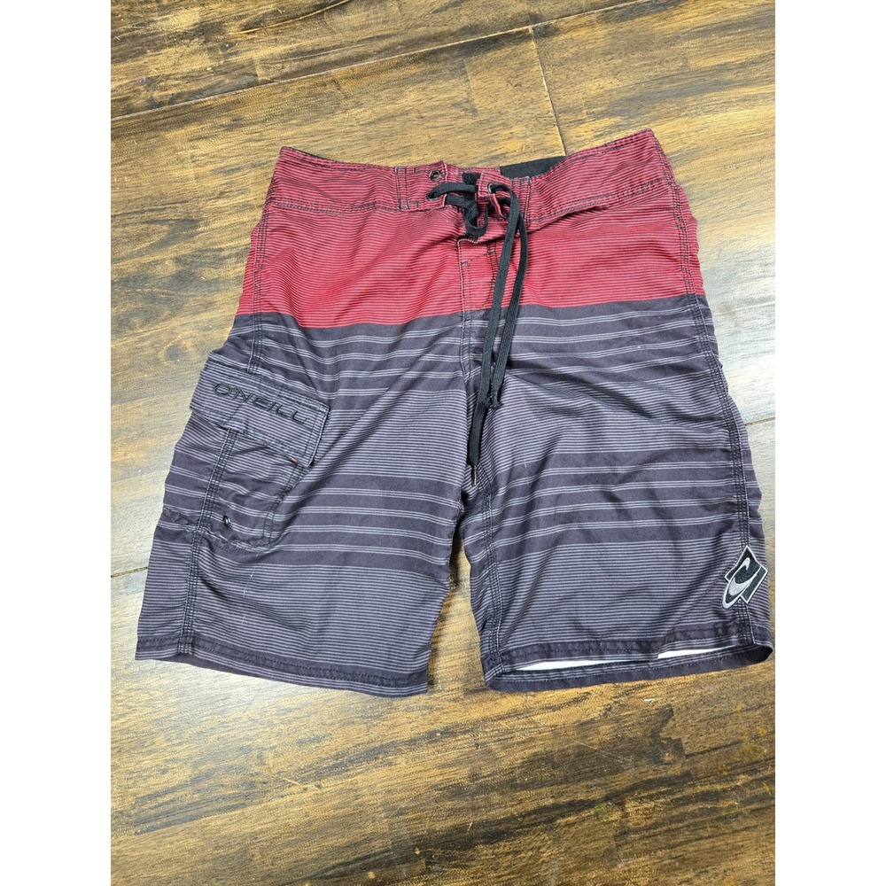 ONeill Mens Striped‎ Board Shorts Red Charcoal Grey Cargo Pocket Size 29